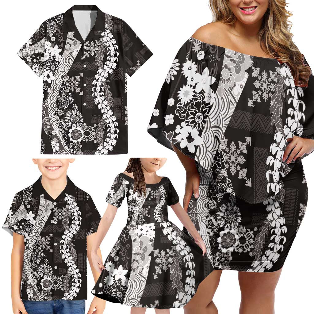 Hawaii Puakenikeni and Maile Lei Family Matching Off Shoulder Short Dress and Hawaiian Shirt Black Japanese Wave Style - Polynesian Pride