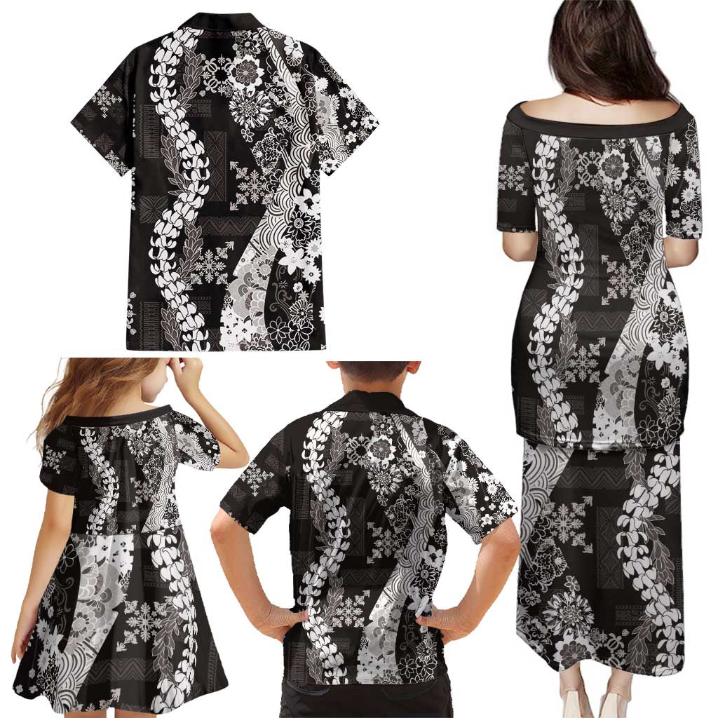 Hawaii Puakenikeni and Maile Lei Family Matching Puletasi and Hawaiian Shirt Black Japanese Wave Style - Polynesian Pride