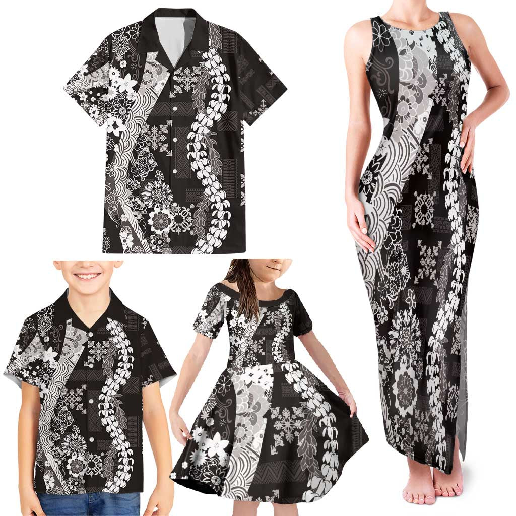 Hawaii Puakenikeni and Maile Lei Family Matching Tank Maxi Dress and Hawaiian Shirt Black Japanese Wave Style - Polynesian Pride