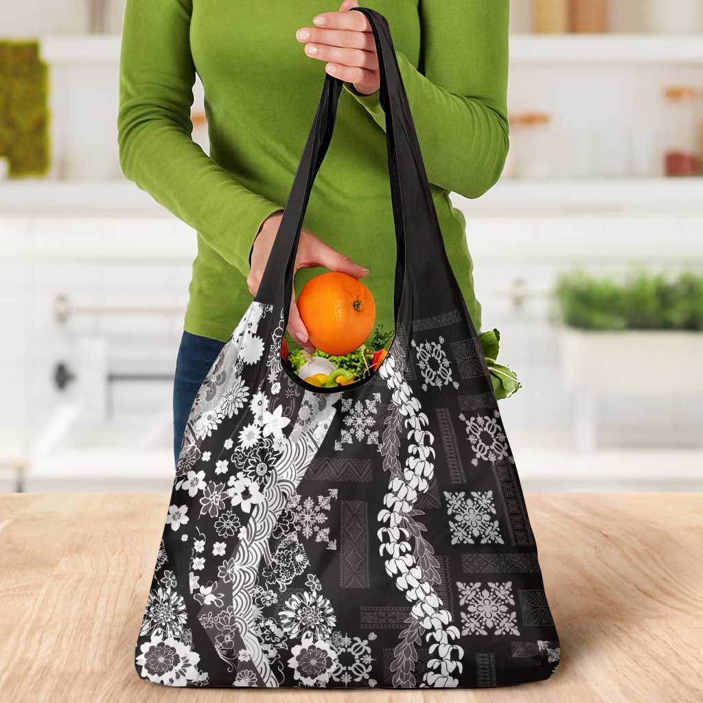 Hawaii Puakenikeni and Maile Lei Grocery Bag Black Japanese Wave Style - Polynesian Pride