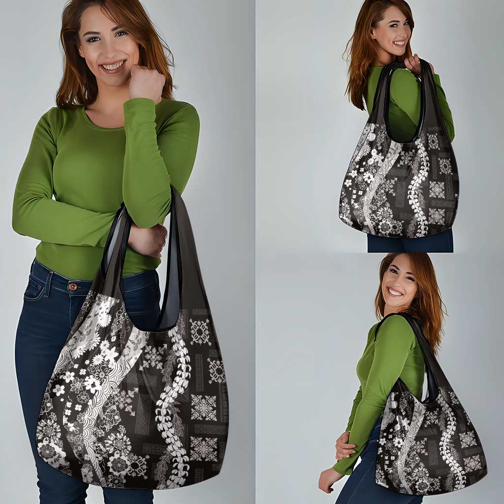 Hawaii Puakenikeni and Maile Lei Grocery Bag Black Japanese Wave Style - Polynesian Pride