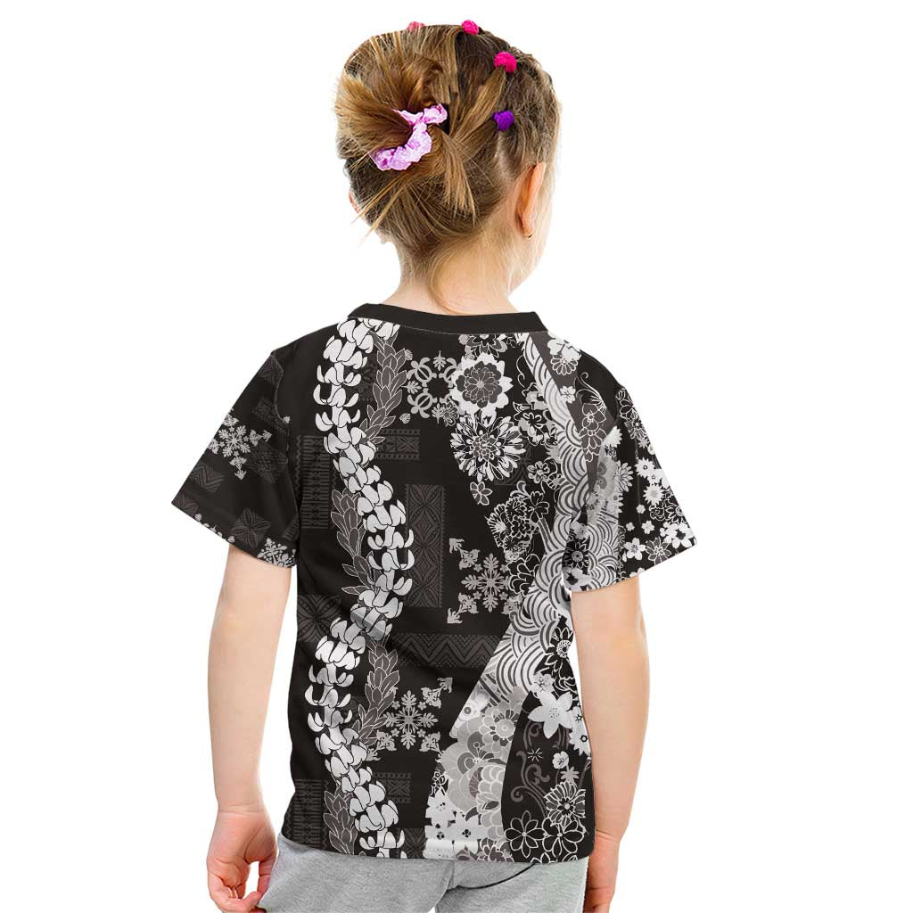 Hawaii Puakenikeni and Maile Lei Kid T Shirt Black Japanese Wave Style - Polynesian Pride