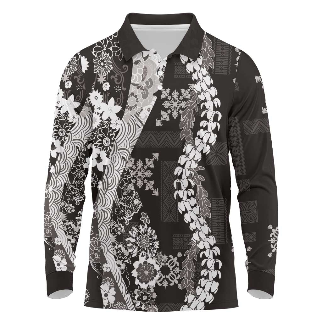 Hawaii Puakenikeni and Maile Lei Long Sleeve Polo Shirt Black Japanese Wave Style - Polynesian Pride