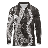 Hawaii Puakenikeni and Maile Lei Long Sleeve Polo Shirt Black Japanese Wave Style - Polynesian Pride