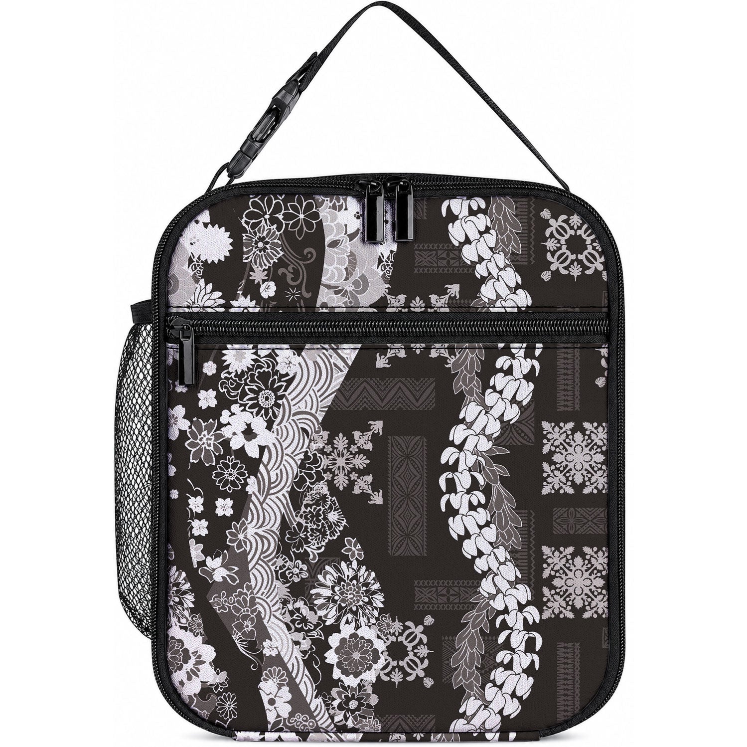 Hawaii Puakenikeni and Maile Lei Lunch Bag Black Japanese Wave Style LT9 10.2 × 8.3 × 4.3 inch Black - Polynesian Pride