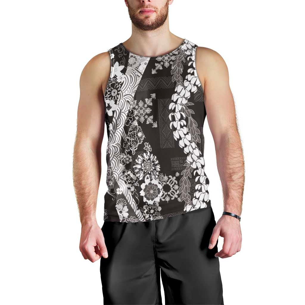 Hawaii Puakenikeni and Maile Lei Men Tank Top Black Japanese Wave Style - Polynesian Pride