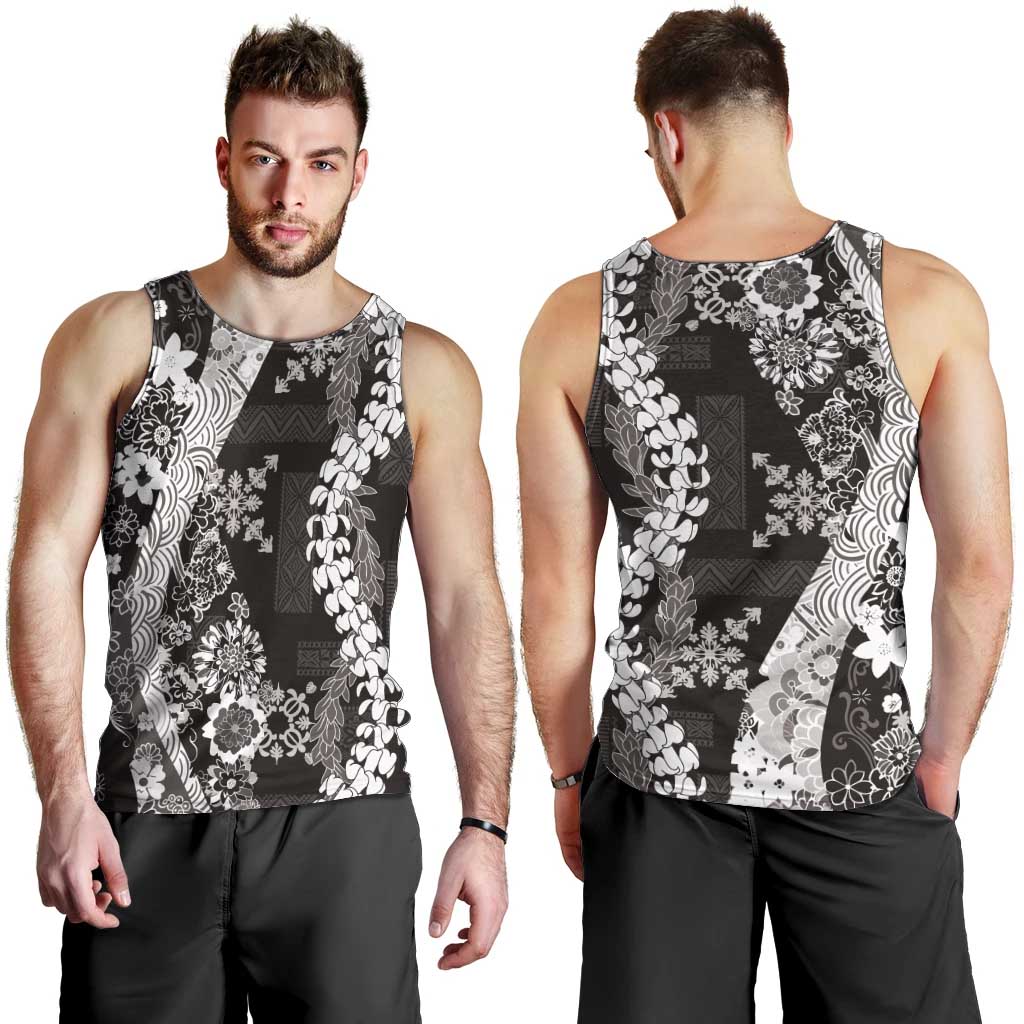 Hawaii Puakenikeni and Maile Lei Men Tank Top Black Japanese Wave Style - Polynesian Pride