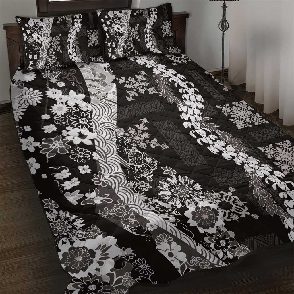 Hawaii Puakenikeni and Maile Lei Quilt Bed Set Black Japanese Wave Style - Polynesian Pride