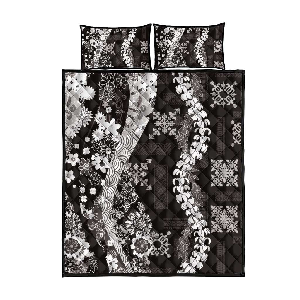 Hawaii Puakenikeni and Maile Lei Quilt Bed Set Black Japanese Wave Style - Polynesian Pride