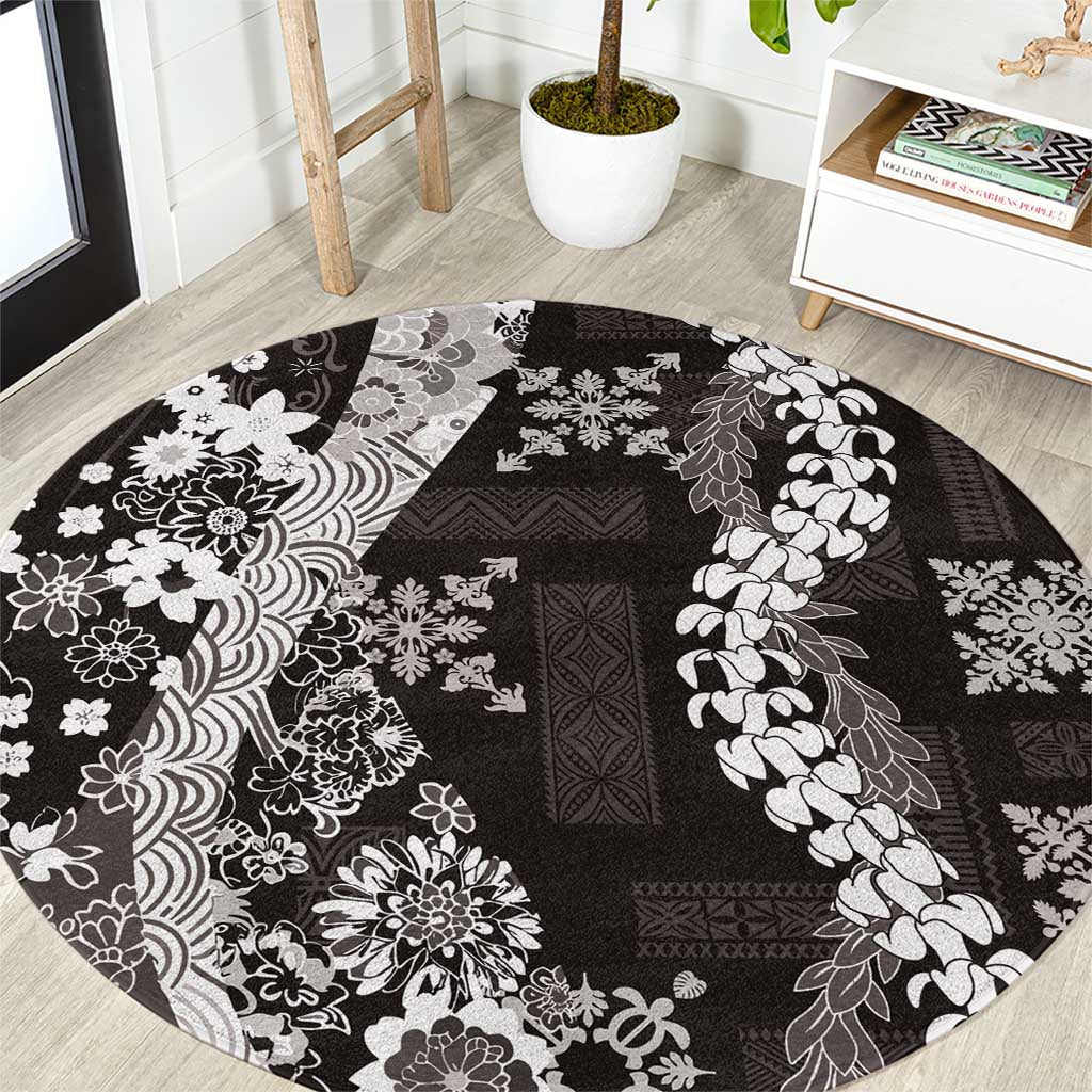 Hawaii Puakenikeni and Maile Lei Round Carpet Black Japanese Wave Style - Polynesian Pride