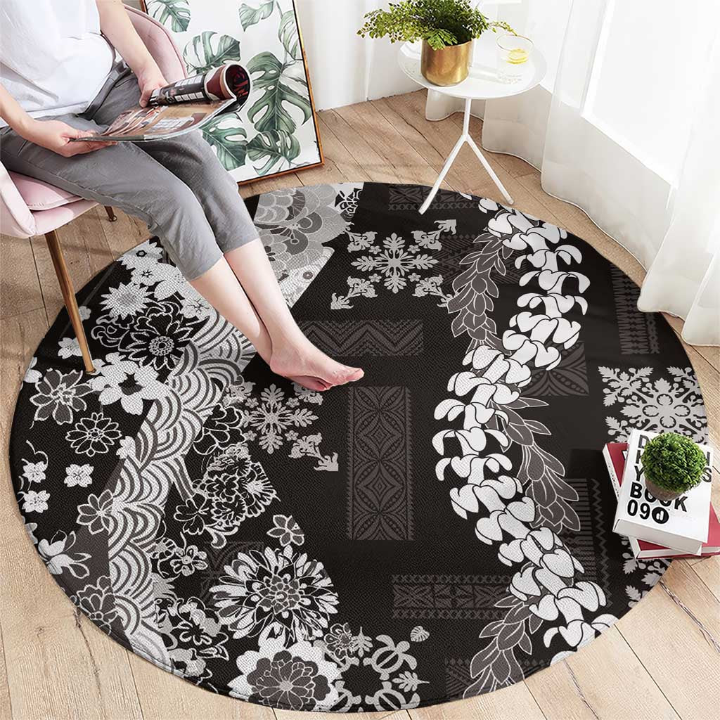 Hawaii Puakenikeni and Maile Lei Round Carpet Black Japanese Wave Style - Polynesian Pride