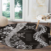 Hawaii Puakenikeni and Maile Lei Round Carpet Black Japanese Wave Style - Polynesian Pride