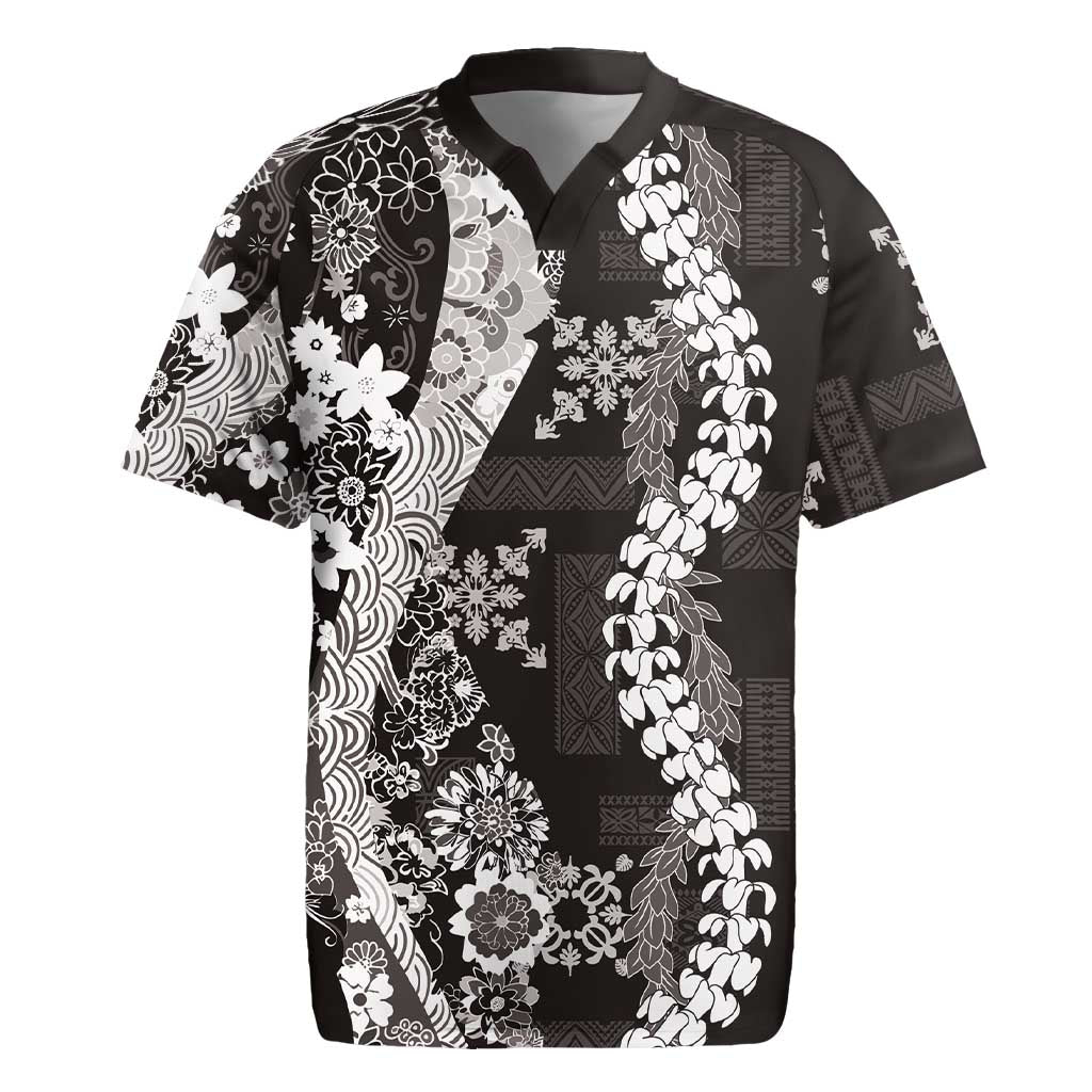 Hawaii Puakenikeni and Maile Lei Rugby Jersey Black Japanese Wave Style - Polynesian Pride