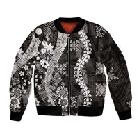 Hawaii Puakenikeni and Maile Lei Sleeve Zip Bomber Jacket Black Japanese Wave Style - Polynesian Pride
