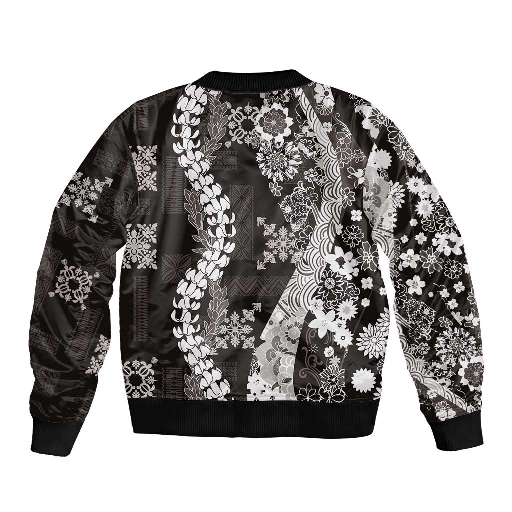 Hawaii Puakenikeni and Maile Lei Sleeve Zip Bomber Jacket Black Japanese Wave Style - Polynesian Pride