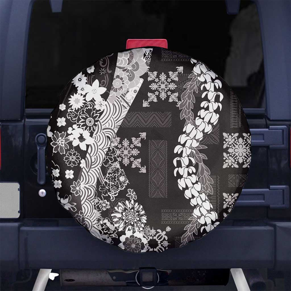 Hawaii Puakenikeni and Maile Lei Spare Tire Cover Black Japanese Wave Style - Polynesian Pride