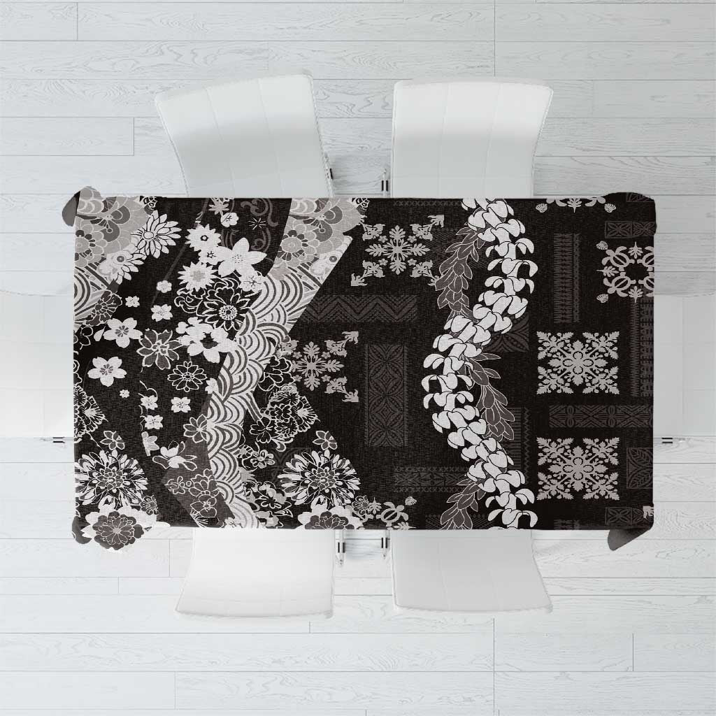 Hawaii Puakenikeni and Maile Lei Tablecloth Black Japanese Wave Style - Polynesian Pride