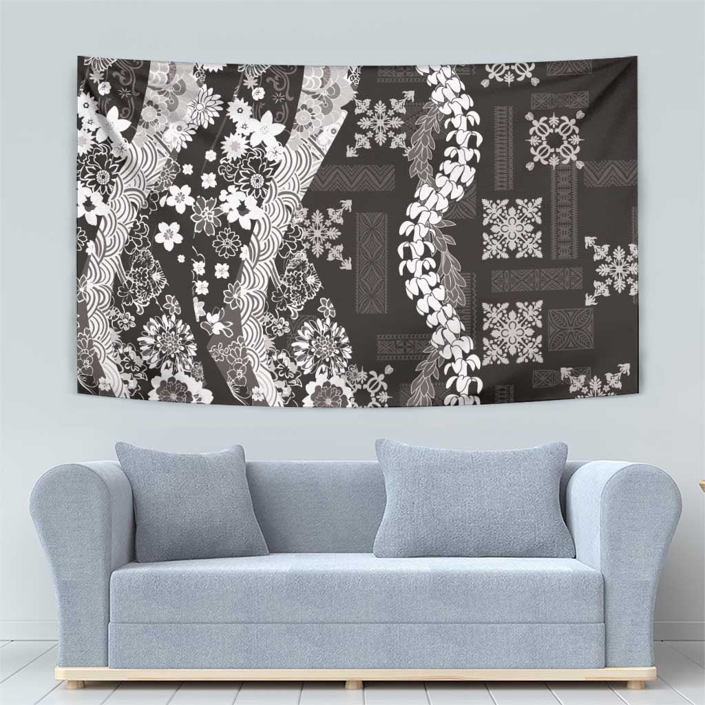 Hawaii Puakenikeni and Maile Lei Tapestry Black Japanese Wave Style - Polynesian Pride