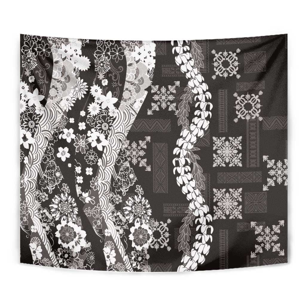 Hawaii Puakenikeni and Maile Lei Tapestry Black Japanese Wave Style - Polynesian Pride