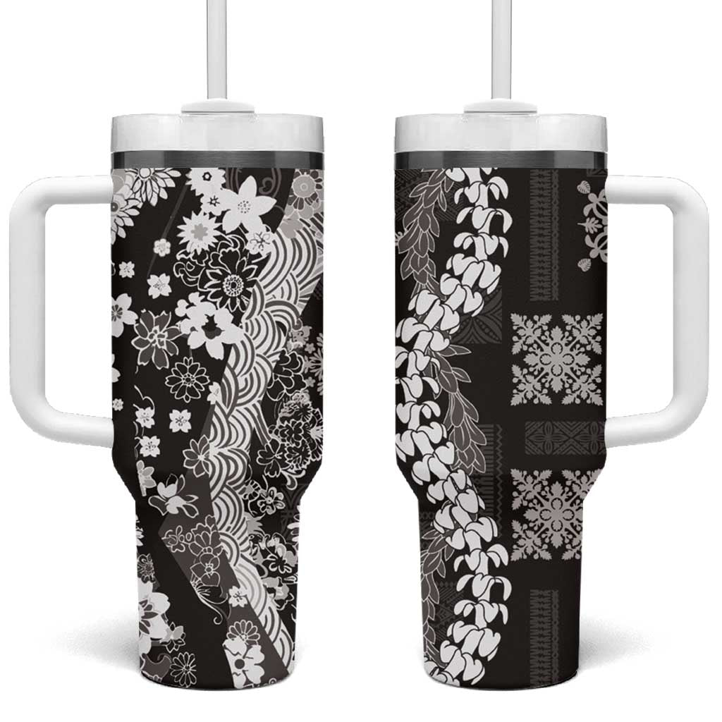 Hawaii Puakenikeni and Maile Lei Tumbler With Handle Black Japanese Wave Style - Polynesian Pride
