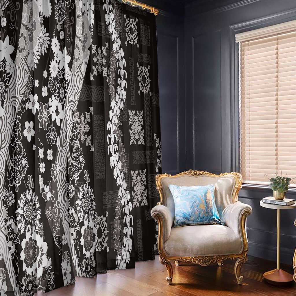 Hawaii Puakenikeni and Maile Lei Window Curtain Black Japanese Wave Style - Polynesian Pride