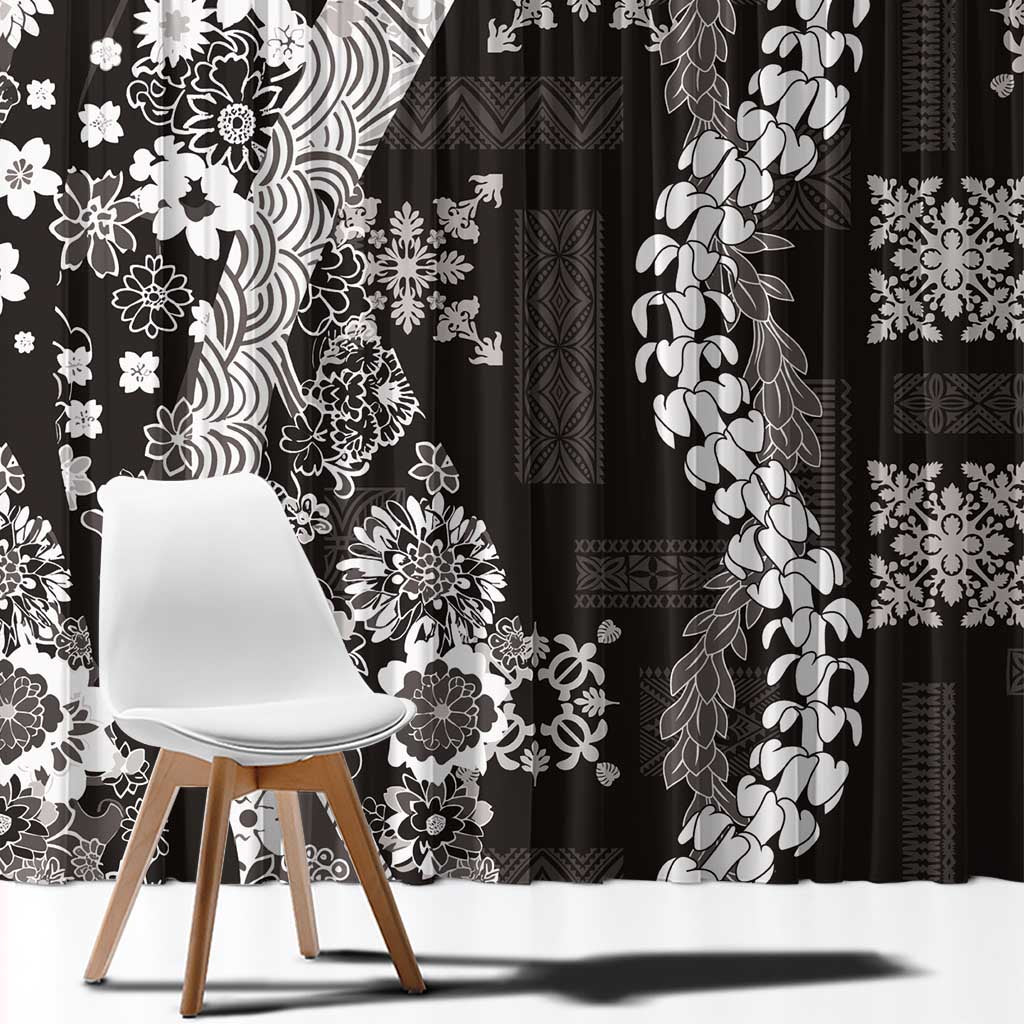 Hawaii Puakenikeni and Maile Lei Window Curtain Black Japanese Wave Style - Polynesian Pride