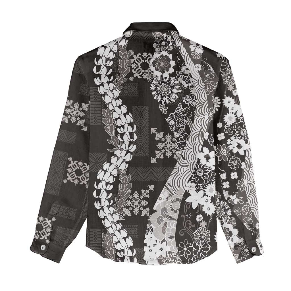 Hawaii Puakenikeni and Maile Lei Women Casual Shirt Black Japanese Wave Style - Polynesian Pride