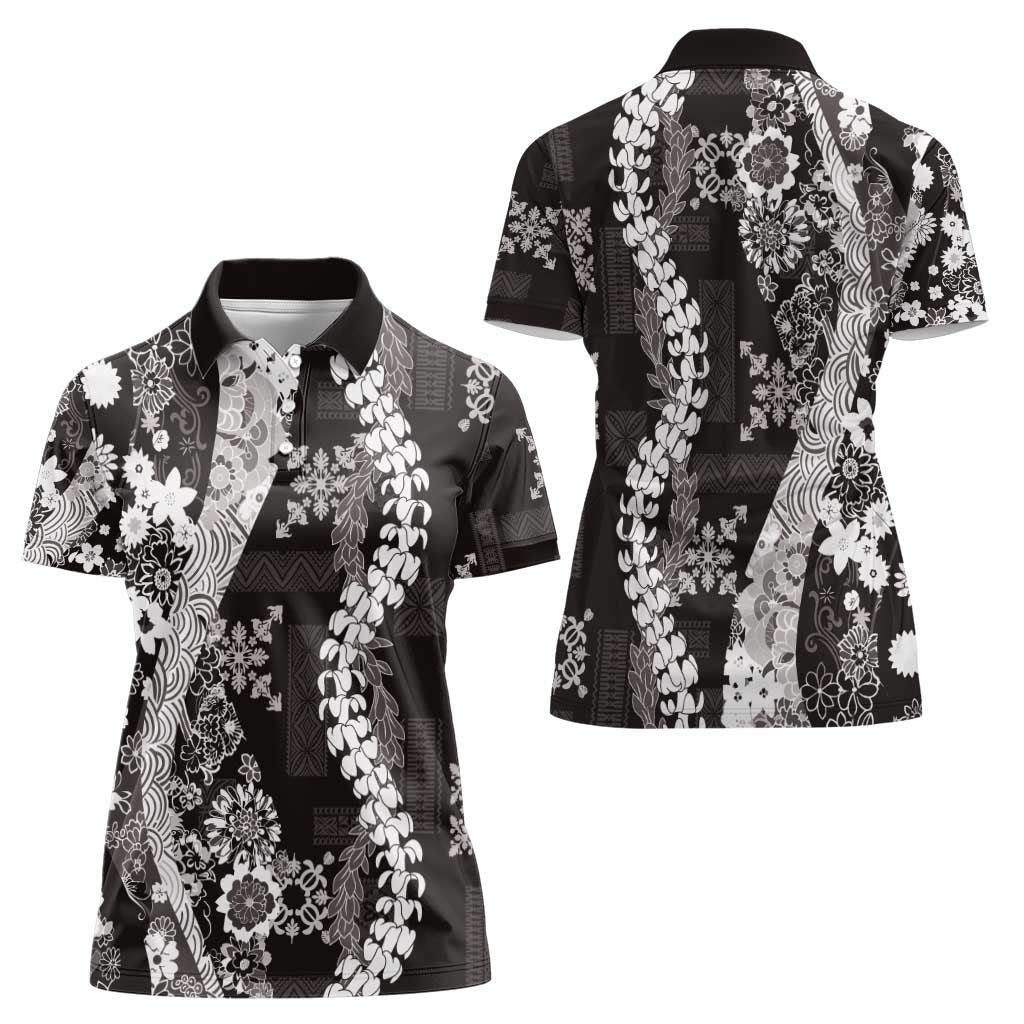 Hawaii Puakenikeni and Maile Lei Women Polo Shirt Black Japanese Wave Style - Polynesian Pride