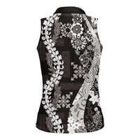 Hawaii Puakenikeni and Maile Lei Women Sleeveless Polo Shirt Black Japanese Wave Style - Polynesian Pride