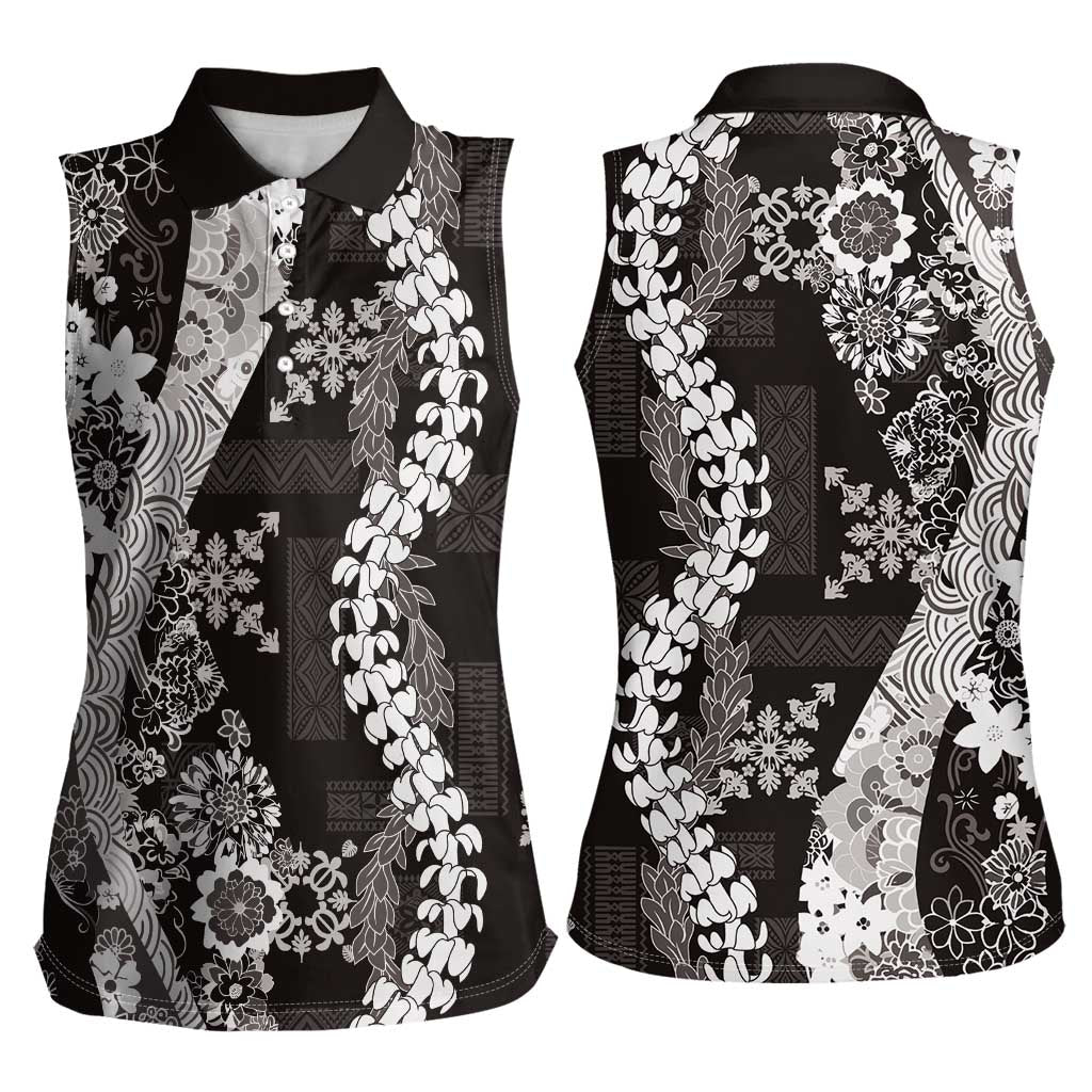 Hawaii Puakenikeni and Maile Lei Women Sleeveless Polo Shirt Black Japanese Wave Style - Polynesian Pride
