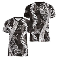 Hawaii Puakenikeni and Maile Lei Women V-Neck T-Shirt Black Japanese Wave Style - Polynesian Pride