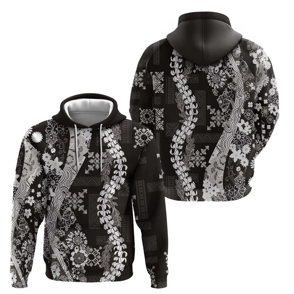 Hawaii Puakenikeni and Maile Lei Zip Hoodie Black Japanese Wave Style - Polynesian Pride