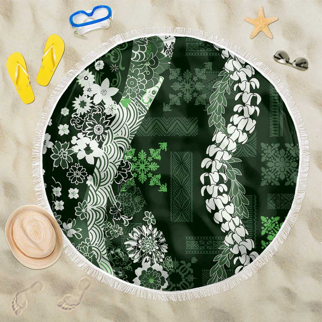 Hawaii Puakenikeni and Maile Lei Beach Blanket Green Japanese Wave Style - Polynesian Pride
