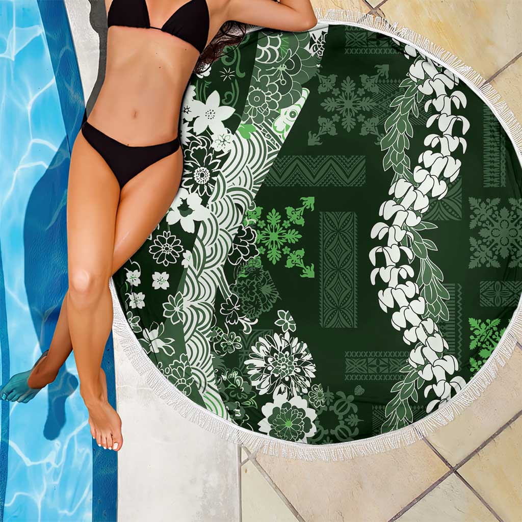 Hawaii Puakenikeni and Maile Lei Beach Blanket Green Japanese Wave Style - Polynesian Pride