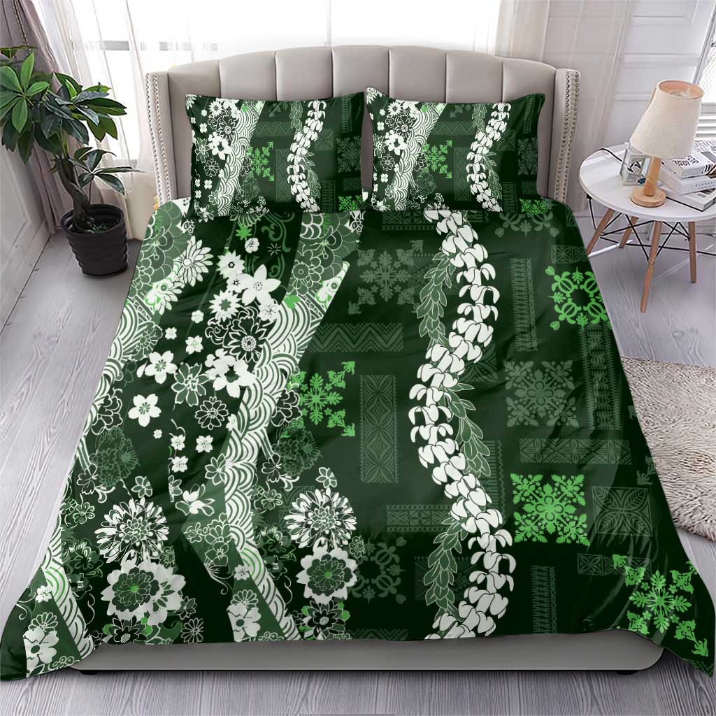 Hawaii Puakenikeni and Maile Lei Bedding Set Green Japanese Wave Style - Polynesian Pride