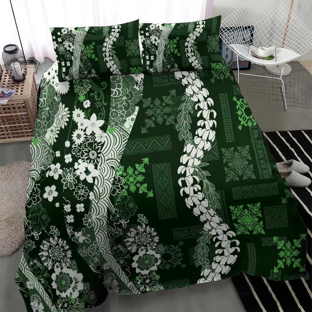 Hawaii Puakenikeni and Maile Lei Bedding Set Green Japanese Wave Style - Polynesian Pride
