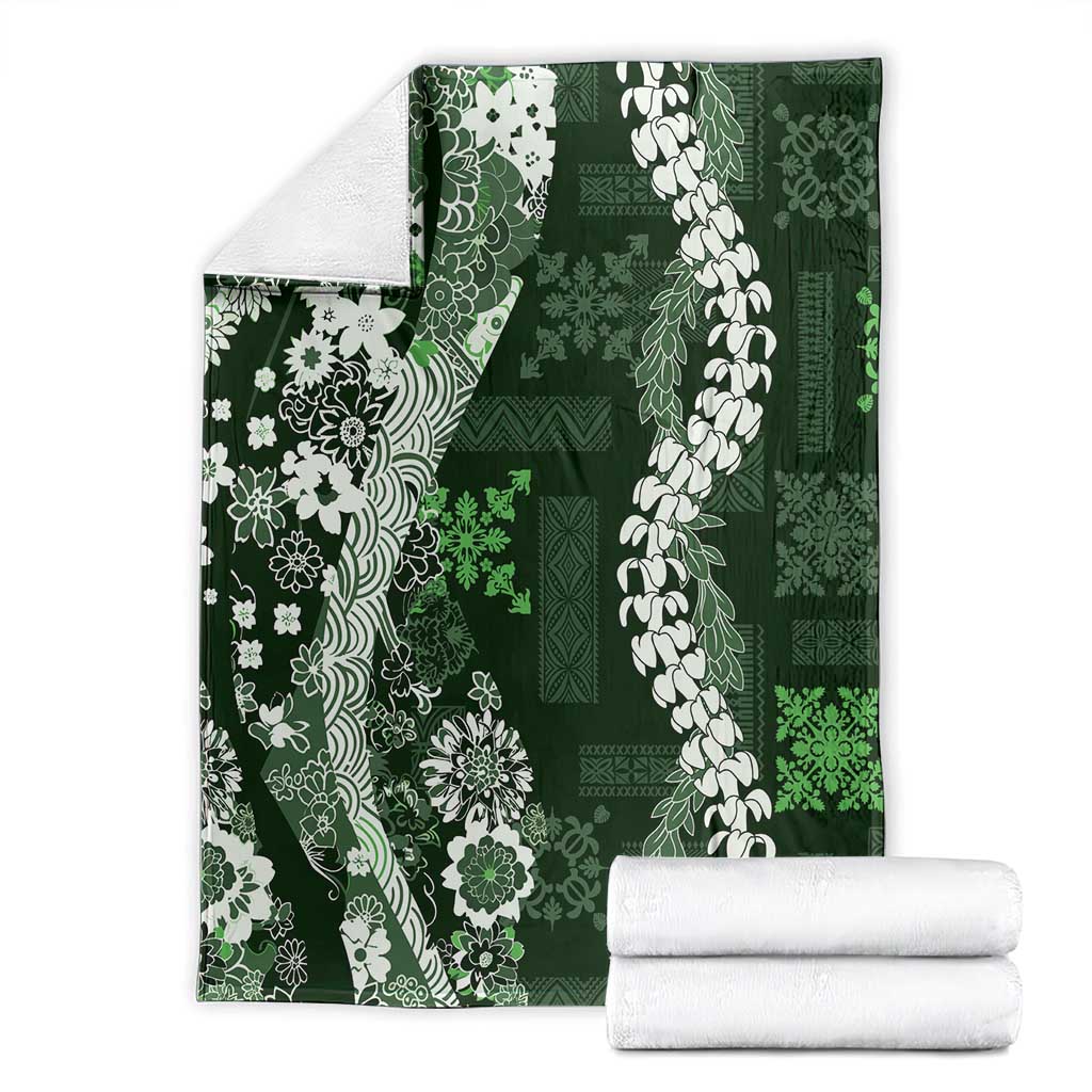 Hawaii Puakenikeni and Maile Lei Blanket Green Japanese Wave Style - Polynesian Pride