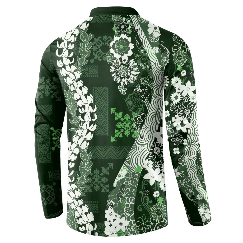 Hawaii Puakenikeni and Maile Lei Button Sweatshirt Green Japanese Wave Style LT9 - Polynesian Pride