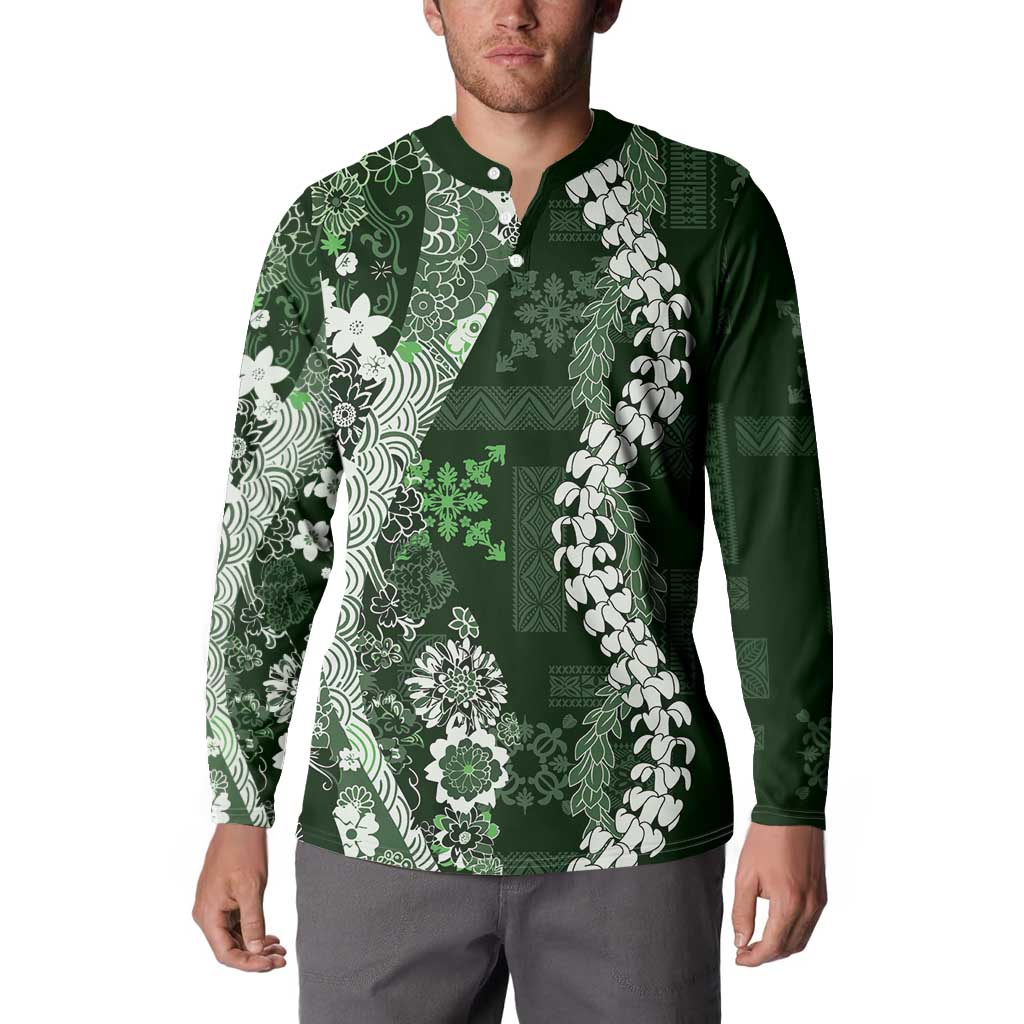 Hawaii Puakenikeni and Maile Lei Button Sweatshirt Green Japanese Wave Style LT9 - Polynesian Pride