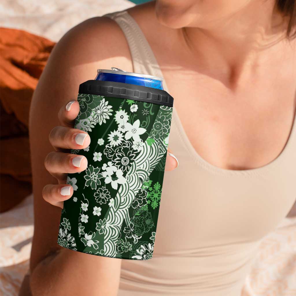 Hawaii Puakenikeni and Maile Lei 4 in 1 Can Cooler Tumbler Green Japanese Wave Style - Polynesian Pride