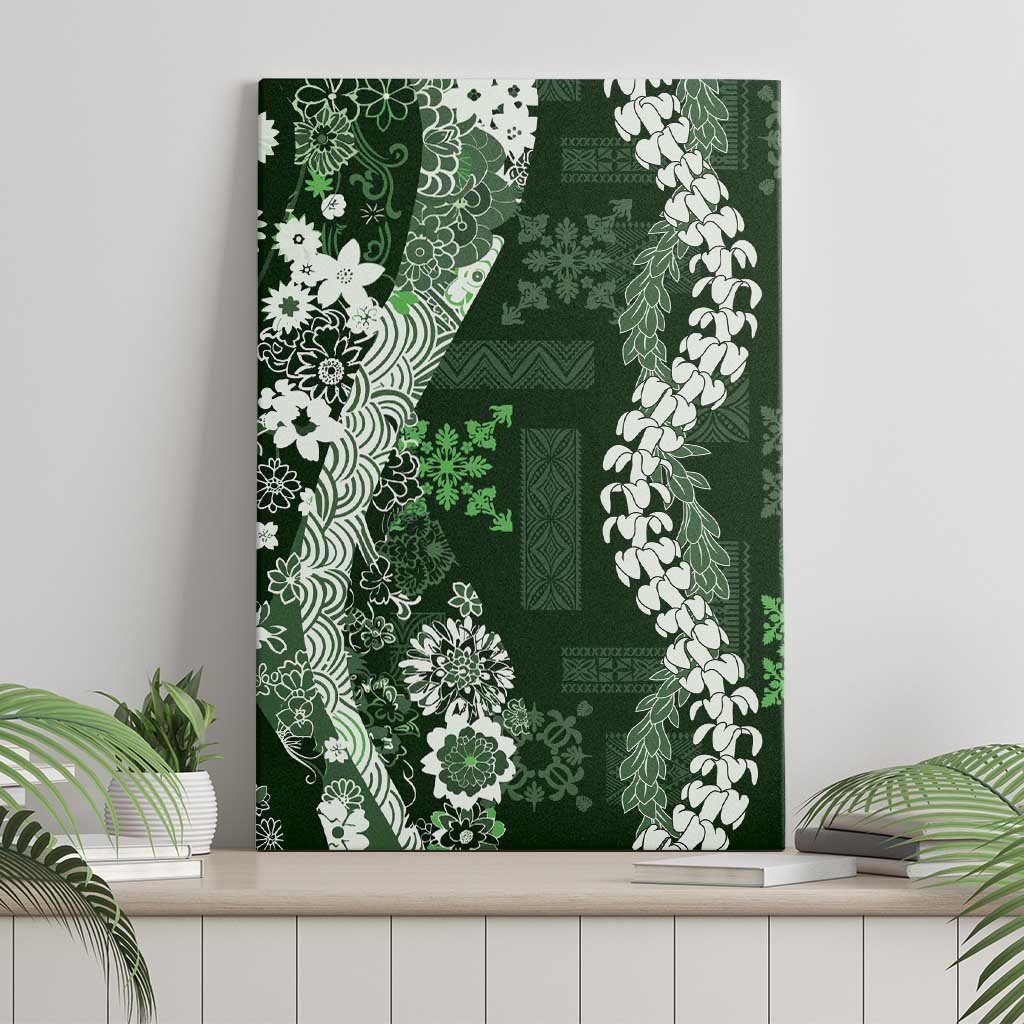 Hawaii Puakenikeni and Maile Lei Canvas Wall Art Green Japanese Wave Style - Polynesian Pride