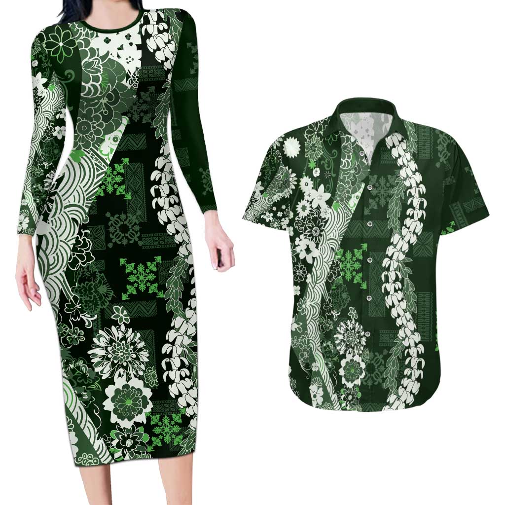 Hawaii Puakenikeni and Maile Lei Couples Matching Long Sleeve Bodycon Dress and Hawaiian Shirt Green Japanese Wave Style - Polynesian Pride