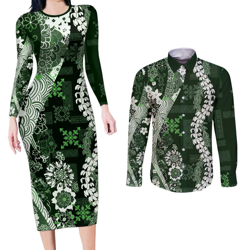 Hawaii Puakenikeni and Maile Lei Couples Matching Long Sleeve Bodycon Dress and Long Sleeve Button Shirt Green Japanese Wave Style LT9 Green - Polynesian Pride