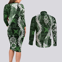Hawaii Puakenikeni and Maile Lei Couples Matching Long Sleeve Bodycon Dress and Long Sleeve Button Shirt Green Japanese Wave Style LT9 - Polynesian Pride