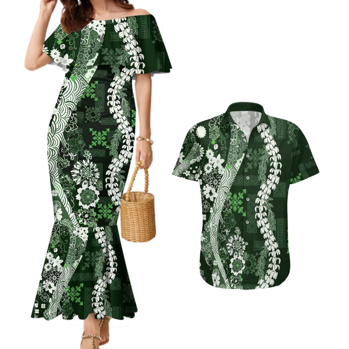 Hawaii Puakenikeni and Maile Lei Couples Matching Mermaid Dress and Hawaiian Shirt Green Japanese Wave Style - Polynesian Pride