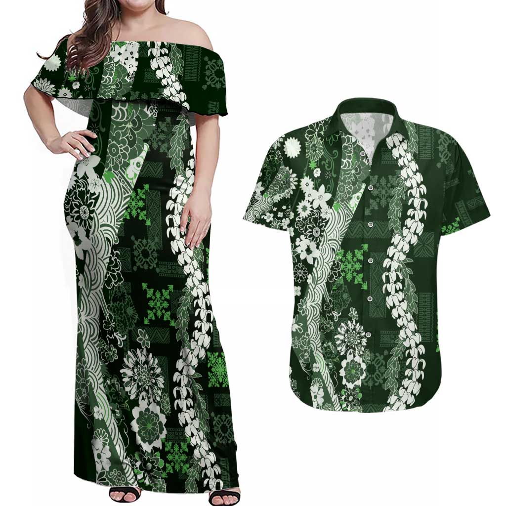 Hawaii Puakenikeni and Maile Lei Couples Matching Off Shoulder Maxi Dress and Hawaiian Shirt Green Japanese Wave Style - Polynesian Pride