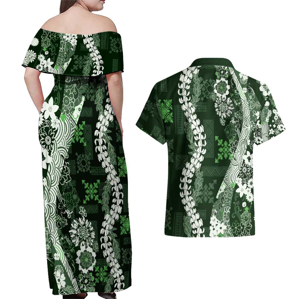 Hawaii Puakenikeni and Maile Lei Couples Matching Off Shoulder Maxi Dress and Hawaiian Shirt Green Japanese Wave Style - Polynesian Pride
