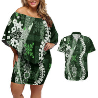 Hawaii Puakenikeni and Maile Lei Couples Matching Off Shoulder Short Dress and Hawaiian Shirt Green Japanese Wave Style - Polynesian Pride