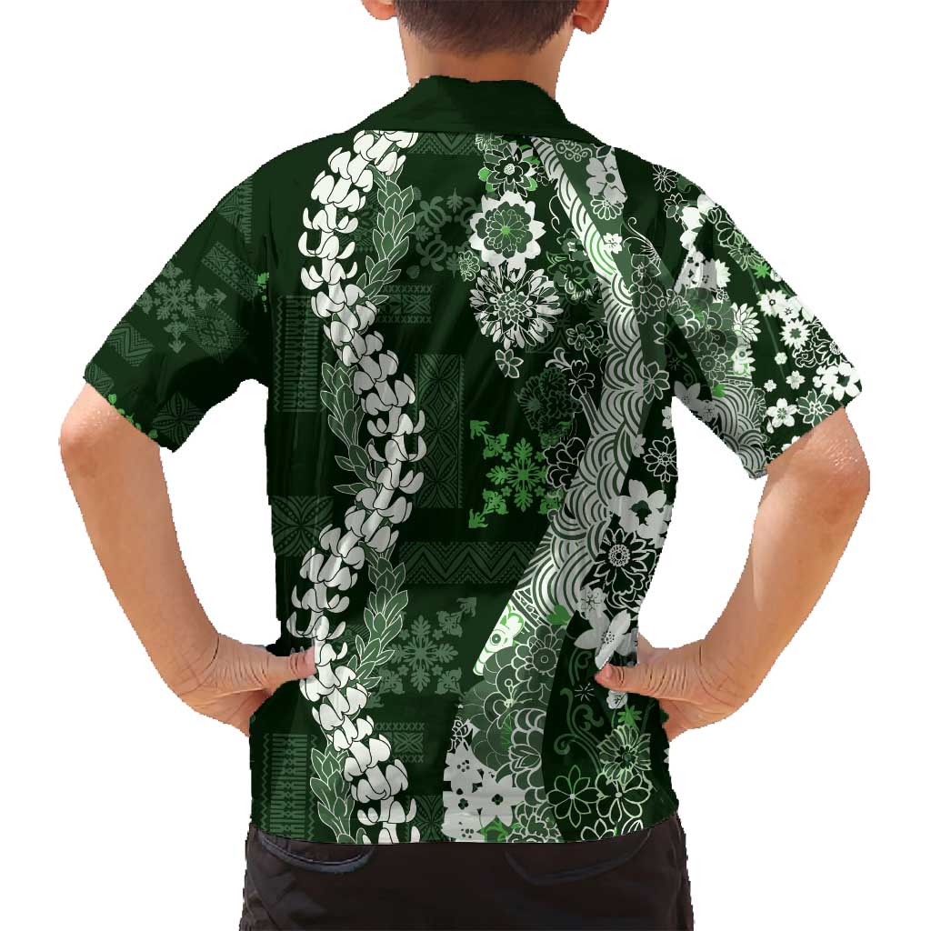 Hawaii Puakenikeni and Maile Lei Family Matching Long Sleeve Bodycon Dress and Hawaiian Shirt Green Japanese Wave Style - Polynesian Pride