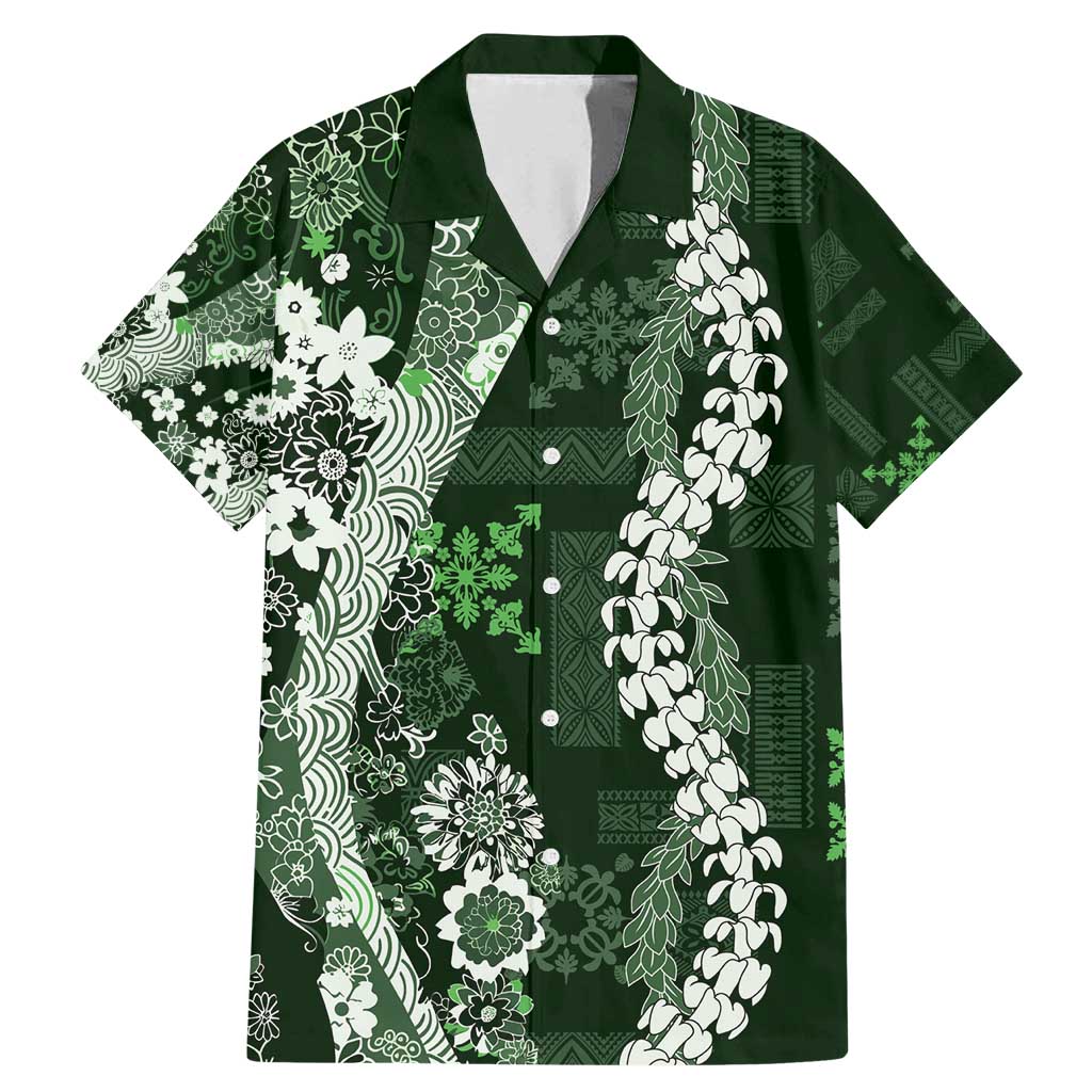 Hawaii Puakenikeni and Maile Lei Family Matching Mermaid Dress and Hawaiian Shirt Green Japanese Wave Style - Polynesian Pride